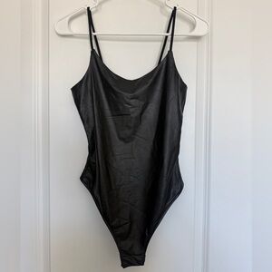 Rue 21 Black Faux Leather Spaghetti Strap Bodysuit Small